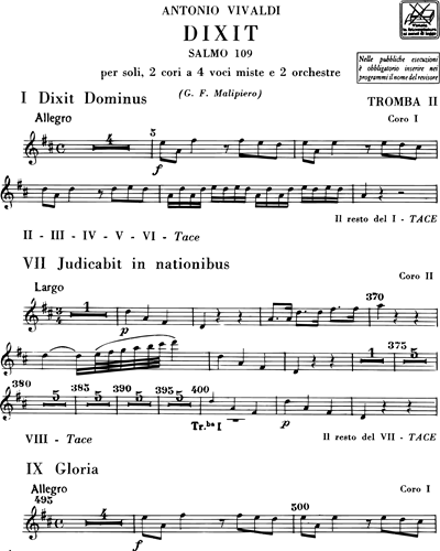 Dixit Dominus Salmo 109 RV 594 Orchestra 1 Trumpet 2 Sheet Music By