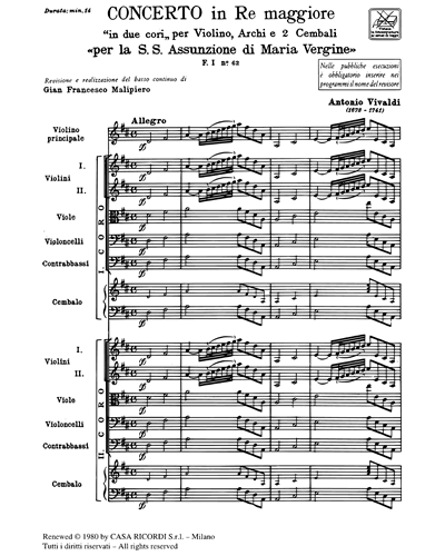 Concerto In Re Maggiore RV 582 F I N 62 Tomo 141 Full Score Sheet