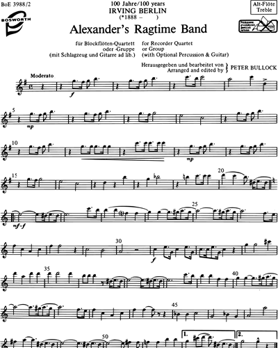 Alexander's Ragtime Band arranged for Recorder Quartet or Group