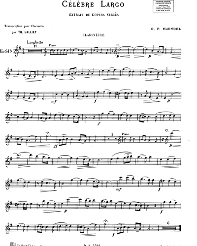 Célèbre Largo (air extrait de l'Opera "Xerxès") - Transcription pour clarinette et piano