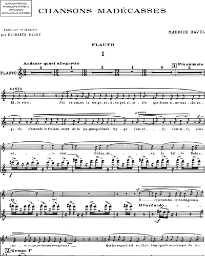 Chansons madécasses - Pour chant, flûte, violoncelle et piano