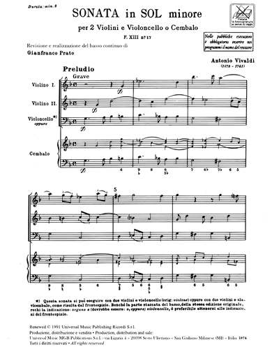 Sonata in G minor, op. 1 no. 1, RV 73, F. XIII no. 29 Sheet Music by ...