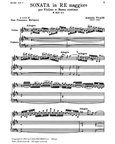 Sonata in Re maggiore RV 10 F. XIII n. 6 Tomo 364 Violin & Basso ...