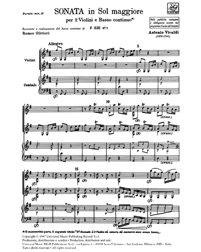 Sonata in Sol maggiore RV 71 F. XIII n. 1 Tomo 17