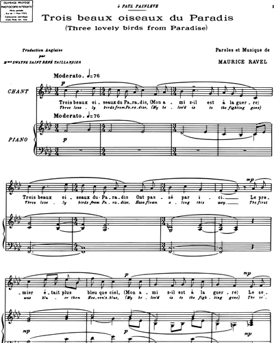 Trois Beaux Oiseaux Du Paradis Extrait N 2 De Trois Chansons Voice Piano Sheet Music By Maurice Ravel Nkoda