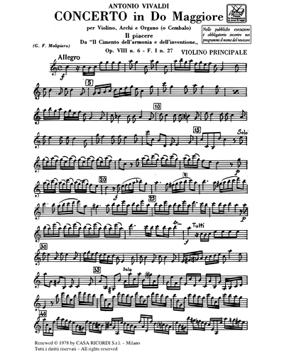 Concerto in Do maggiore "Il piacere" Op. 8 n. 6 F. I n. 27 Tomo 81