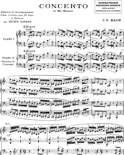 Concerto en Ré mineur - Réduction pour deux pianos