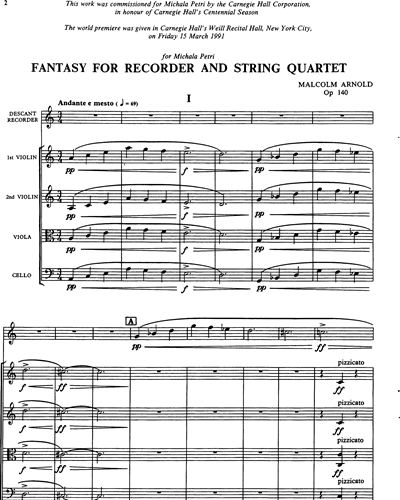 Fantasy (1990) for Recorder and String Quartet, Op. 140