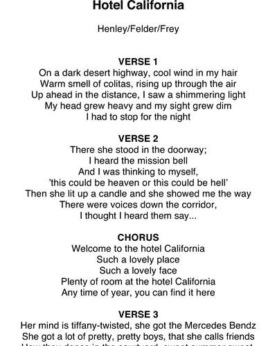 Hotel California Lyrics Sheet Music by The Eagles | nkoda