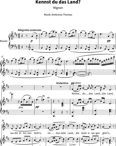 Kennst du das Land? (from 'Mignon') Voice & Piano Sheet Music by ...