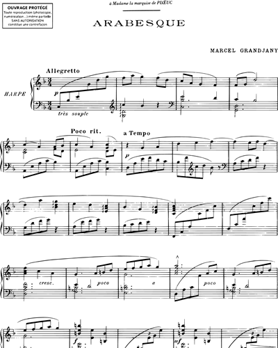Arabesque (extrait n. 1 des "Trois pièces pour le piano") pour harpe