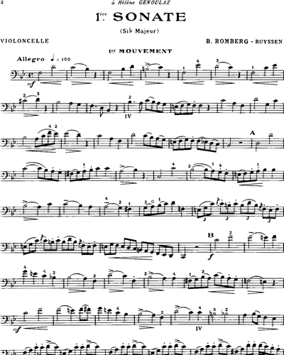 Sonata No. 1 in Bb major, op.43 Cello Sheet Music by Bernhard 