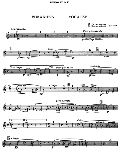 Vocalise, Op. 34 No. 14 Horn 1 In F Sheet Music By Sergei Rachmaninoff ...