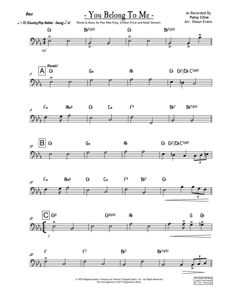 You Belong To Me (4 Horns) Bass Guitar Sheet Music by Pee Wee King ...