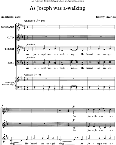 As Joseph Was A-Walking for SATB Divisi