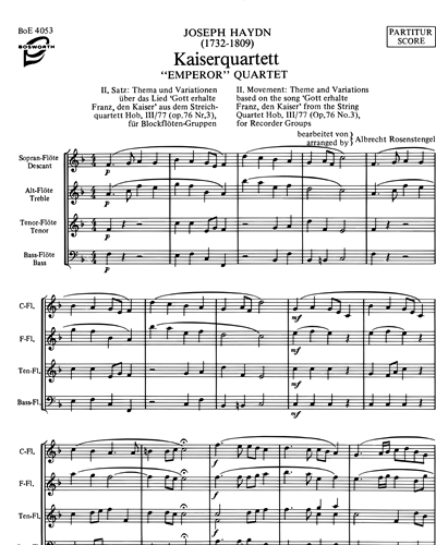 Kaiserquartett (2nd Movement:Theme and Variations) arranged for Recorder Groups
