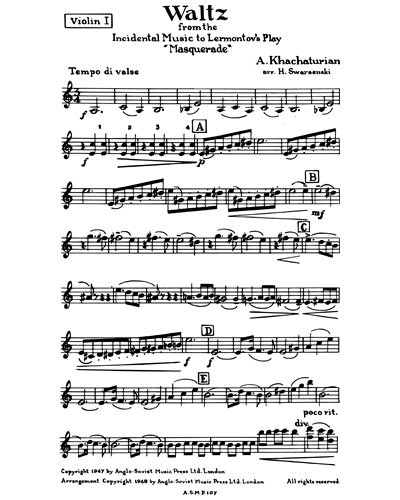 Waltz (from Masquerade) Violin 1 Sheet Music by Aram