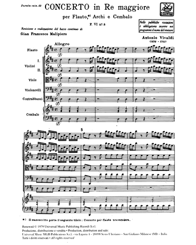 Concerto in Re maggiore RV 427 F. VI n. 3 Tomo 102