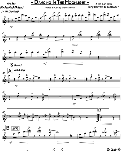Dancing In The Moonlight (6 Horns) Alto Saxophone Sheet Music by Sherman  Kelly, nkoda