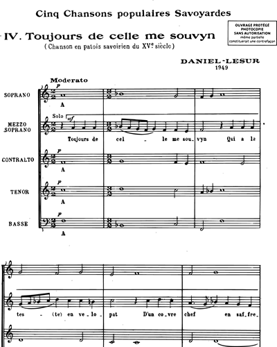 Toujours de celle me souvyn (extrait n. 4 des "Cinq chansons populaires savoyardes")