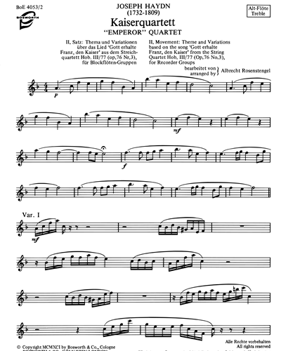 Kaiserquartett (2nd Movement:Theme and Variations) arranged for Recorder Groups