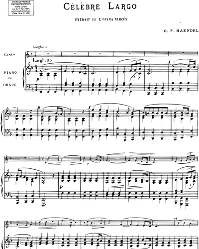 Célèbre Largo (air extrait de l'Opera "Xerxès") - Transcription pour violoncelle et piano