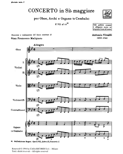 Concerto in Si b maggiore RV 464 Op. 7 n. 7 F. VII n. 15 Tomo 448