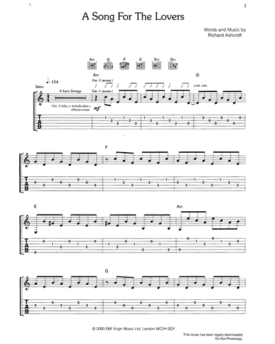 A Song For The Lovers Guitar & Voice Sheet Music by Richard Ashcroft ...