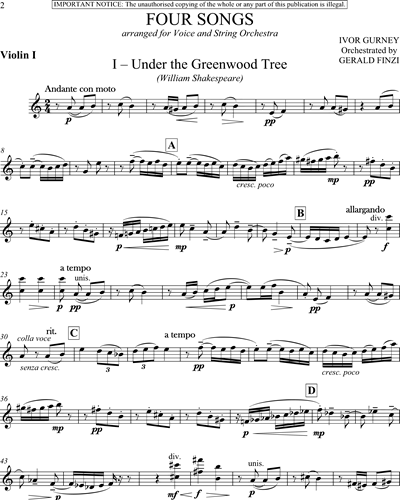 Four Songs Arranged By Gerald Finzi Violin 1 Sheet Music By Ivor Gurney Nkoda Free 7 Days 7024