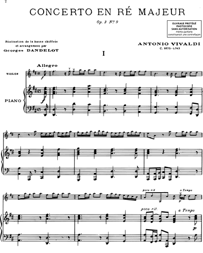 Concerto en Ré majeur Op. 3 n. 9 - Pour violon et piano