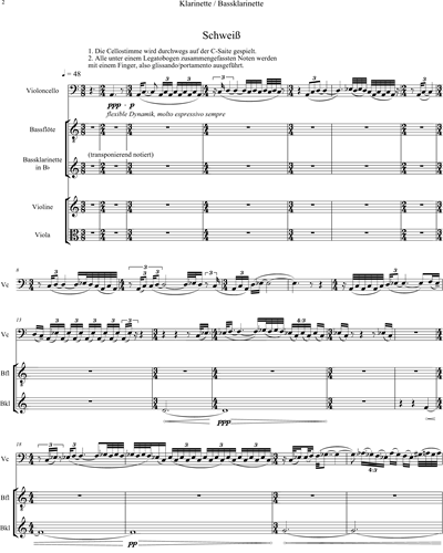 Schweiss - Für Violoncello solo, Bassflöte, Bassklarinette, Violine, Viola