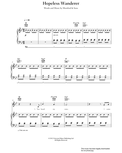 Hopeless Wanderer Guitar & Piano & Voice Sheet Music By Mumford & Sons ...