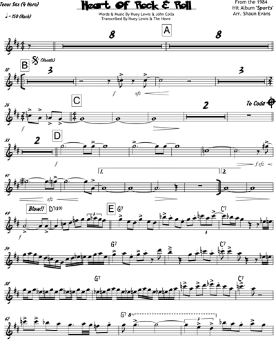 Prieten prin scrisori Patriotic nociv  Heart Of Rock And Roll (4 Horns) Tenor Saxophone Sheet Music by Huey Lewis and  The News | nkoda