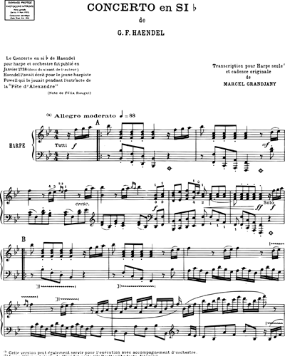 Concerto en Si bémol - Transcription pour harpe seule