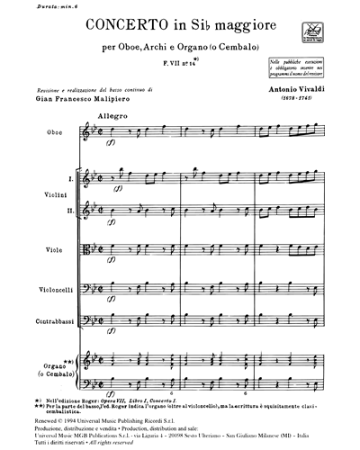 Concerto in Si b maggiore RV 465 F. VII n. 14 Tomo 442