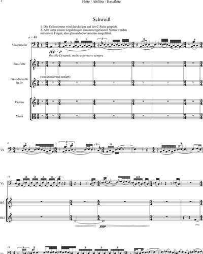 Schweiss - Für Violoncello solo, Bassflöte, Bassklarinette, Violine, Viola
