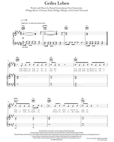 Geiles Leben Guitar amp Piano amp Voice Sheet Music by Glasperlenspiel 