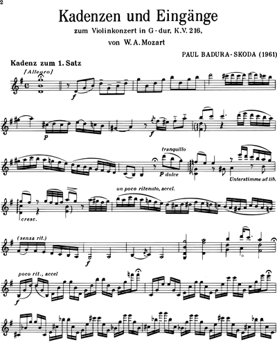 Cadenzas and Introductions for Mozart's Violin Concerto in G major, K. 216