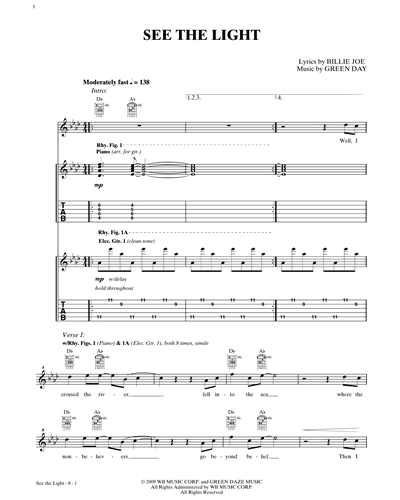 See The Light Guitar & Voice Sheet Music by Billie Joe Armstrong ...