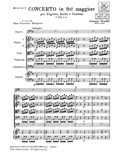 Concerto in Sol maggiore RV 494 F. VIII n. 37 Tomo 300