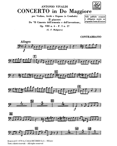 Concerto in Do maggiore "Il piacere" Op. 8 n. 6 F. I n. 27 Tomo 81